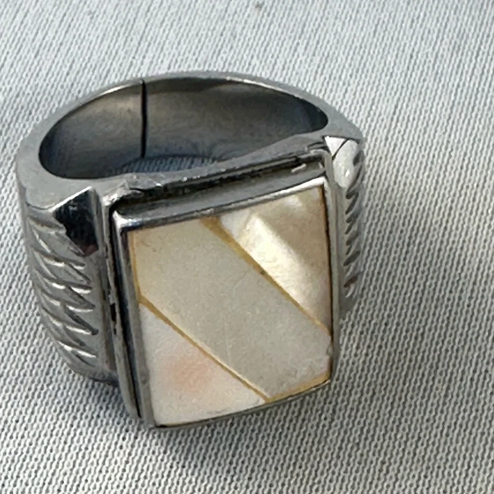 Silver tone large mother of pearl ring